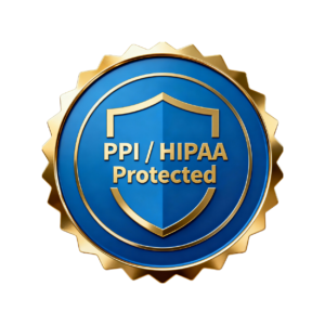 Decorative blue-and-gold shield displaying the words PPI / HIPAA Protected.