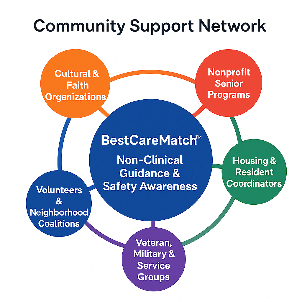 Community Support Network Wheel infographic showing five partnership groups—Cultural & Faith Organizations, Nonprofit Senior Programs, Housing & Resident Coordinators, Veteran & Military Groups, and Neighborhood Coalitions—connected to BestCareMatch™ as the center source of non-clinical senior guidance and safety education.
