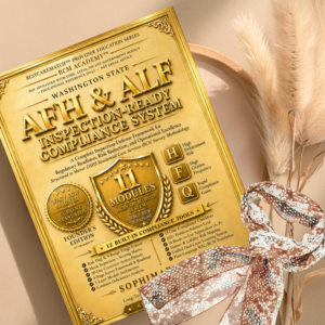 Gold Washington AFH & ALF Inspection-Ready Compliance System displayed with a decorative jeweled bow.