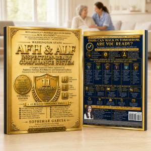 Gold front and navy back covers of the Washington AFH & ALF Inspection‑Ready Compliance System in a bright home-care setting.