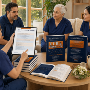 Four professional caregivers review the C.U.R.E. Team System around a lounge table with a large tablet, book covers, and open pages.