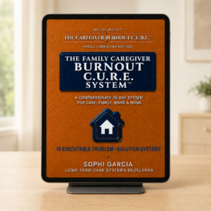 amily Caregiver Burnout C.U.R.E. System digital PDF cover displayed on a tablet