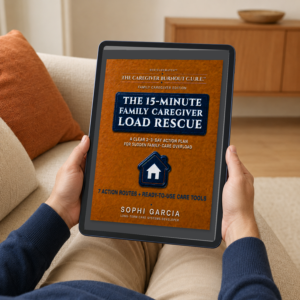 Person seated on a sofa holding an iPad displaying The 15-Minute Family Caregiver Load Rescue