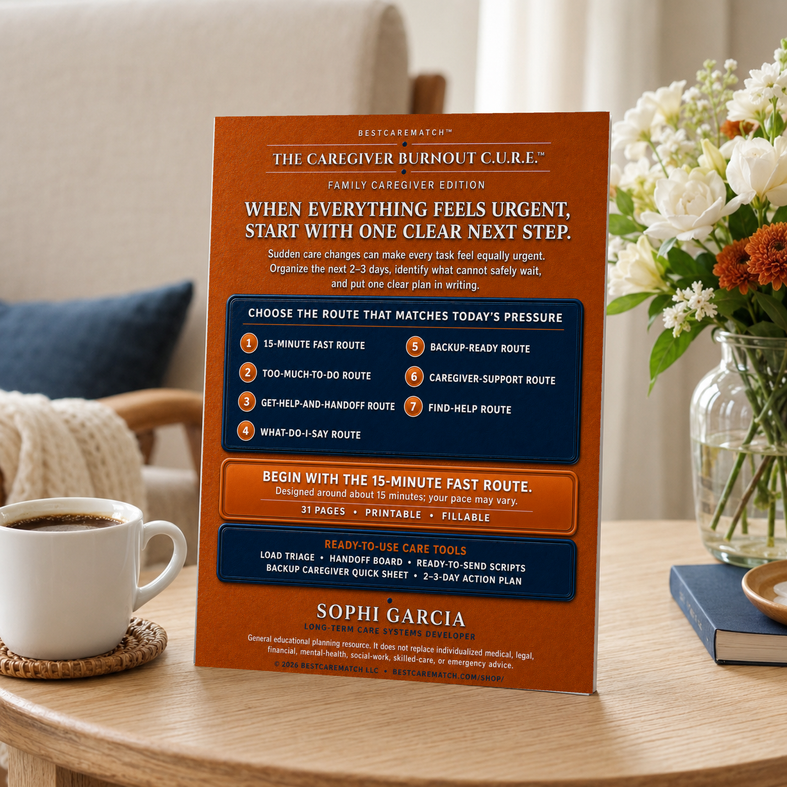 Back cover of The 15-Minute Family Caregiver Load Rescue displayed beside coffee and flowers