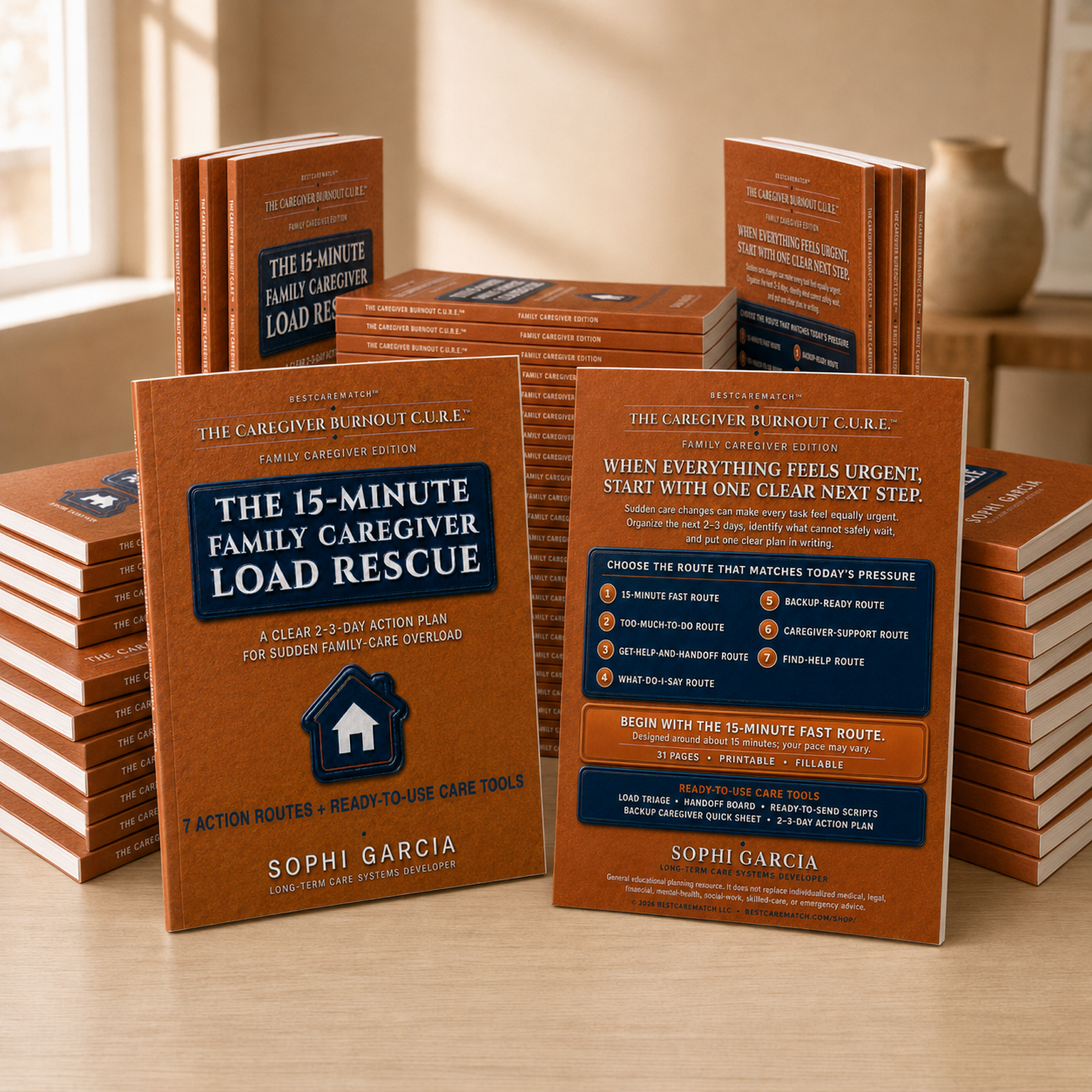 Multiple book mockups showing the front and back covers of The 15-Minute Family Caregiver Load Rescue