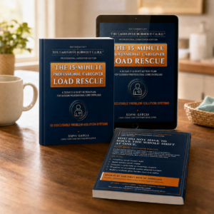 The 15-Minute Professional Caregiver Load Rescue™ shown as a front cover, on a portrait tablet, and on a smartphone on a wooden table.