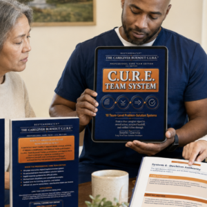 Two-three professional caregivers review the C.U.R.E. Team System™ around a table, with a large tablet, front and back covers, and open interior pages.