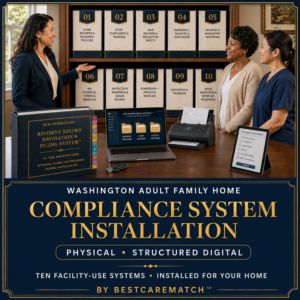 BestCareMatch Washington AFH physical and structured digital compliance installation with ten system binders, tabbed resident chart, digital archive, scanner, and staff training.