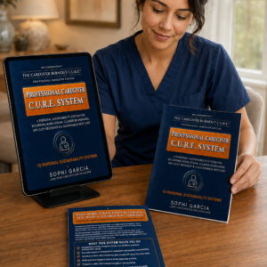 Professional caregiver with an iPad and slim books showing the front and back covers of the Professional Caregiver Burnout C.U.R.E. System.