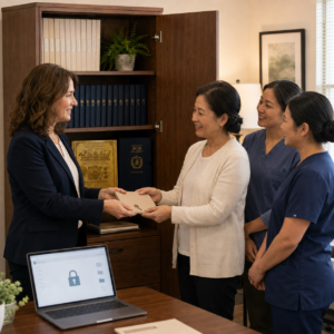 BCM representative completes an AFH system installation with the owner and staff beside organized records and a secure digital archive.