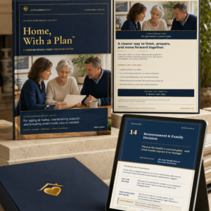 Home, With a Plan digital aging-in-place care plan shown on devices with a premium navy folio for private-pay families.