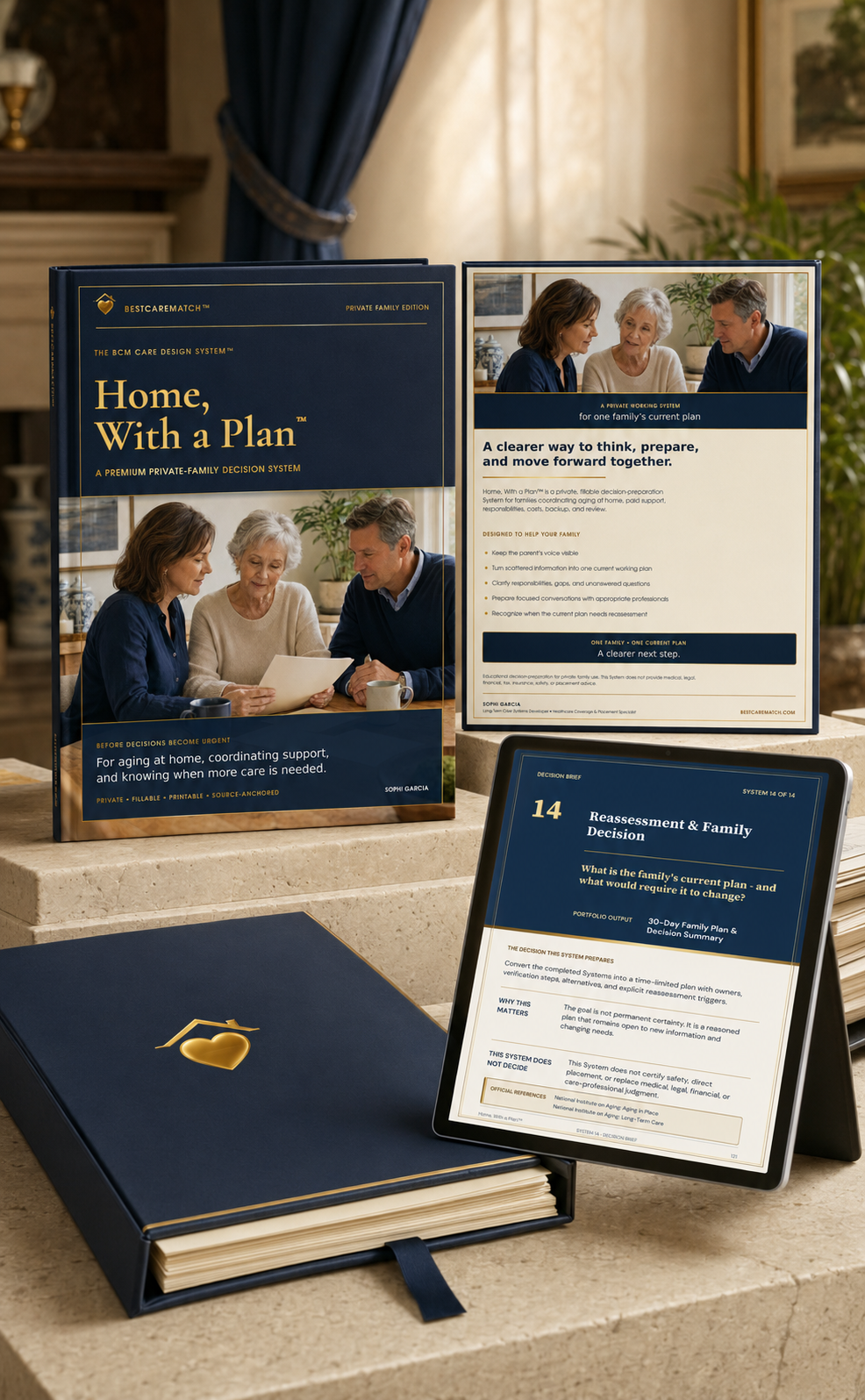 Home, With a Plan digital aging-in-place care plan shown on devices with a premium navy folio for private-pay families.