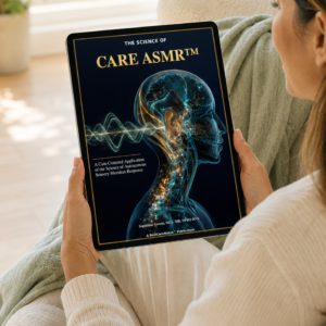 Woman reading The Science of CARE ASMR™ digital publication on a tablet in a sunlit living room