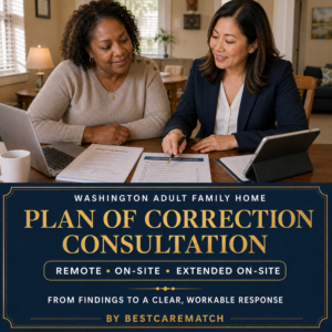 Adult Family Home provider and BCM consultant review an inspection report for Washington Adult Family Home Plan of Correction Consultation, with remote and on-site options.