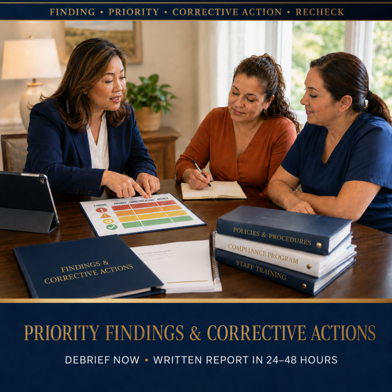 BestCareMatch consultant presenting Washington Adult Family Home mock inspection priority findings and corrective actions to an AFH provider and caregiver