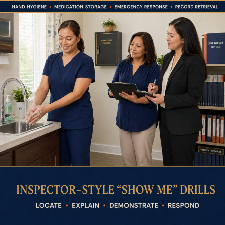 Washington Adult Family Home caregiver demonstrating hand hygiene during an inspector-style Show Me drill with a BestCareMatch mock inspection consultant and resident manager