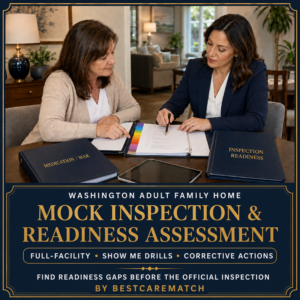 Washington Adult Family Home provider and BestCareMatch consultant reviewing resident records, medication/MAR documentation, and inspection-readiness materials