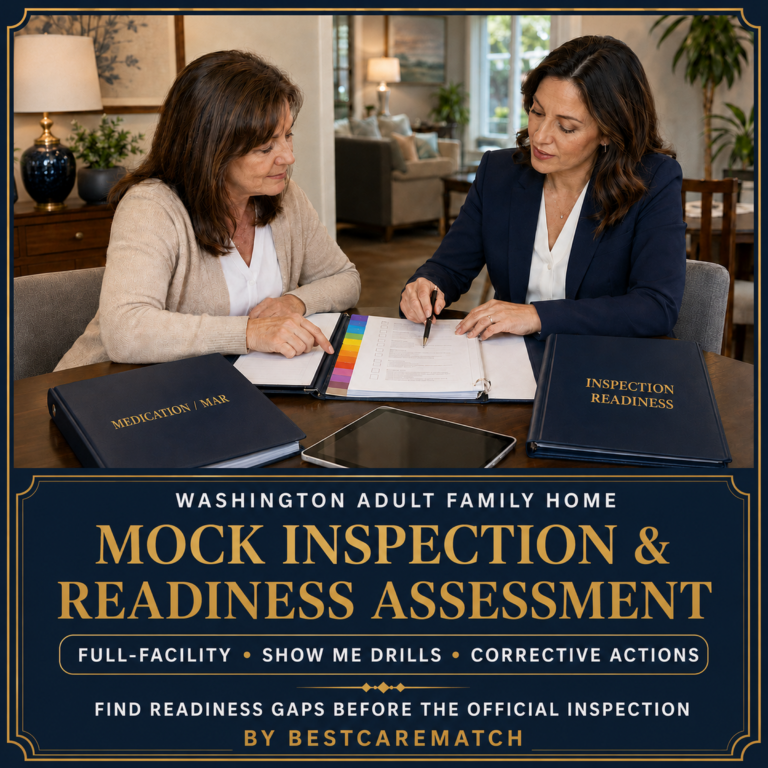Washington Adult Family Home provider and BestCareMatch consultant reviewing resident records, medication/MAR documentation, and inspection-readiness materials