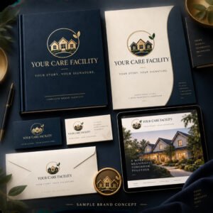 Premium care facility brand identity mockup featuring an architectural emblem, brand books, stationery, business cards, envelope, and tablet.