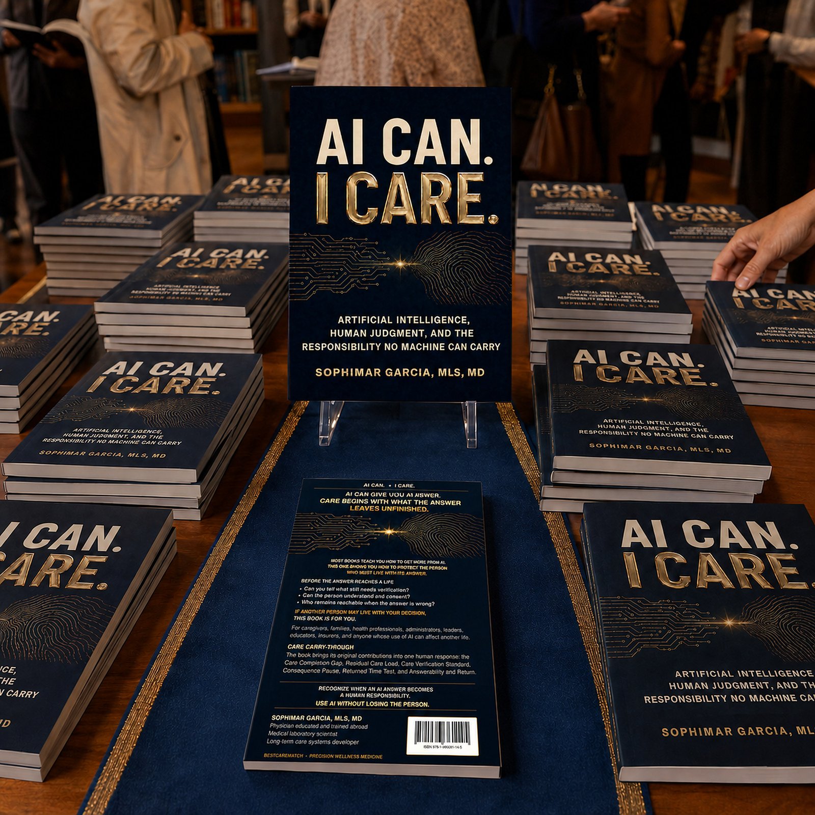 AI CAN. I CARE. front and back covers displayed at matching book sizes among stacks of thin copies during a bookstore launch.