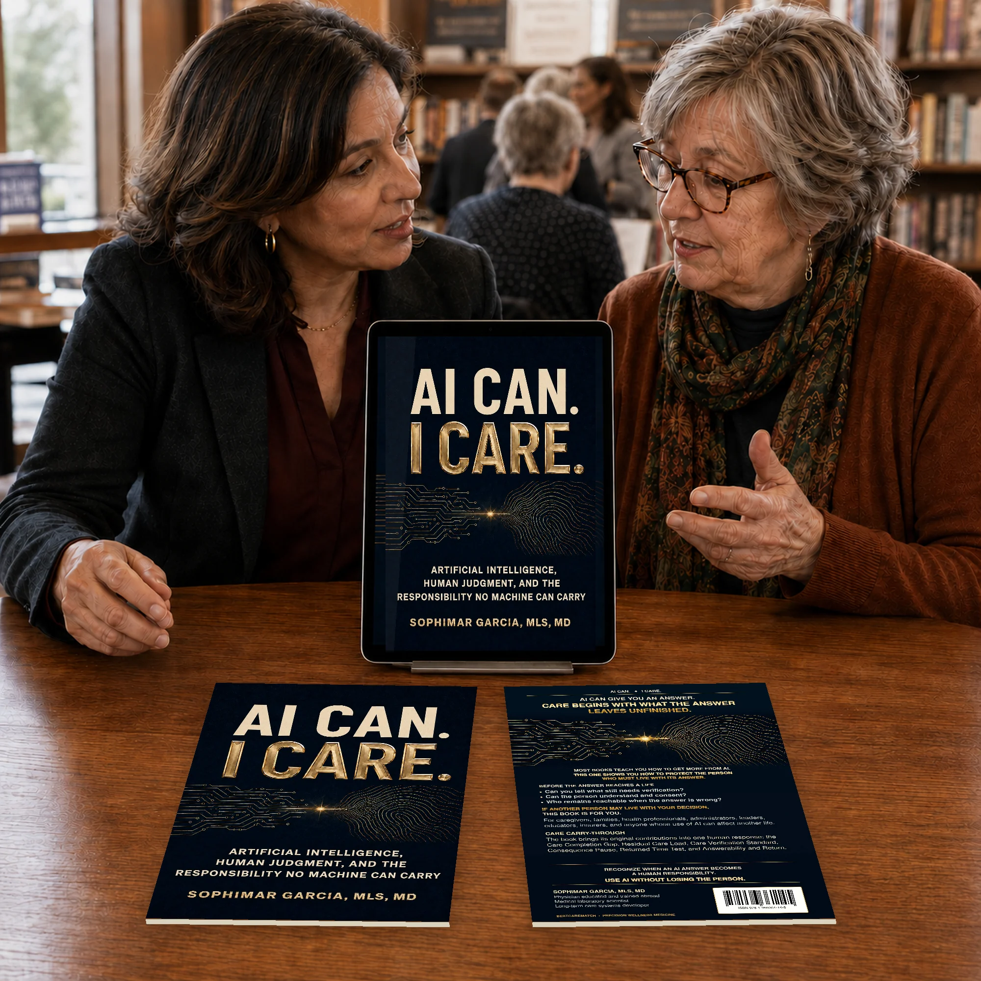 AI CAN. I CARE. digital edition on an iPad with equal-size front and back cover mockups as two women talk in a bookstore.