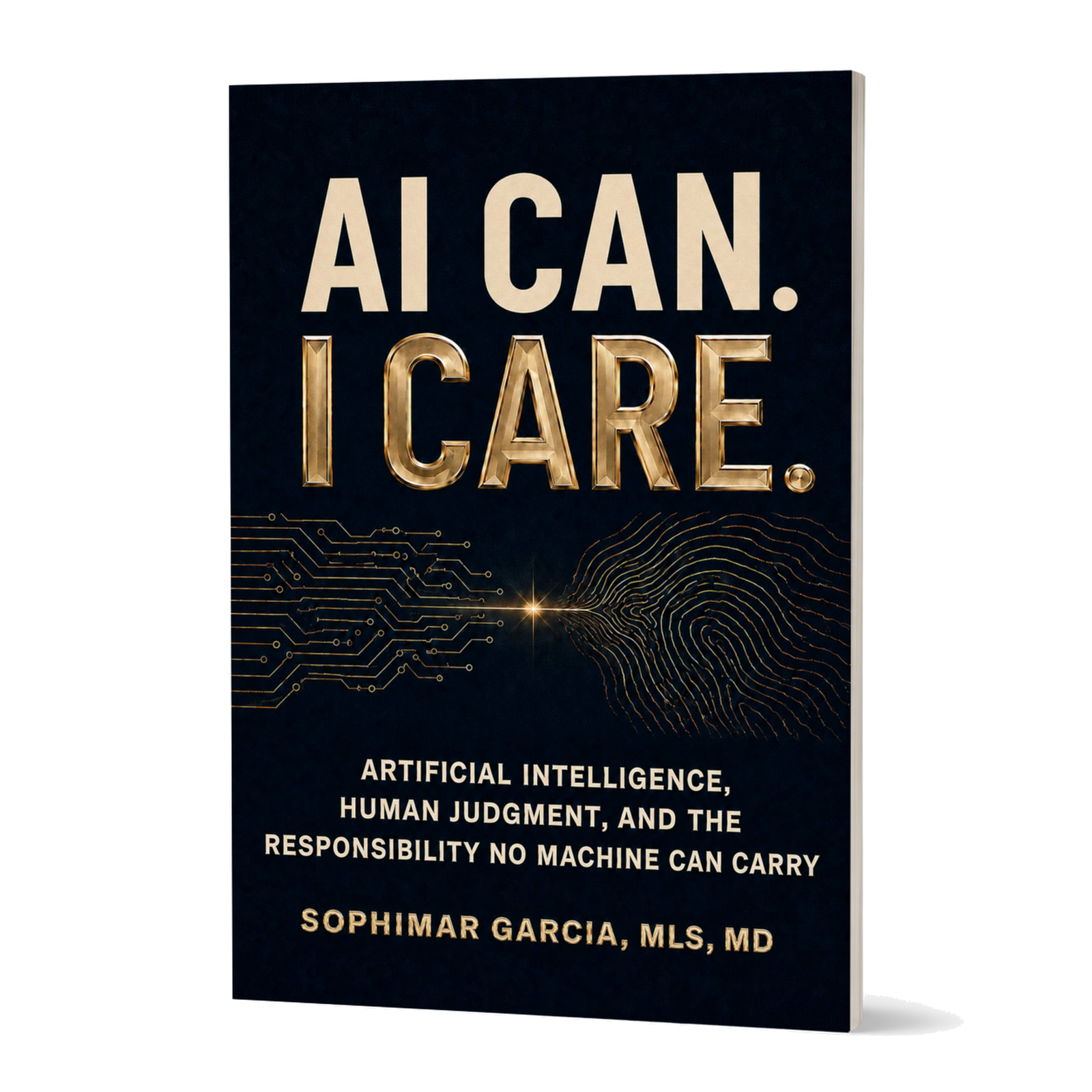 AI CAN. I CARE. digital edition cover shown as a thin upright book mockup on a clean white background.