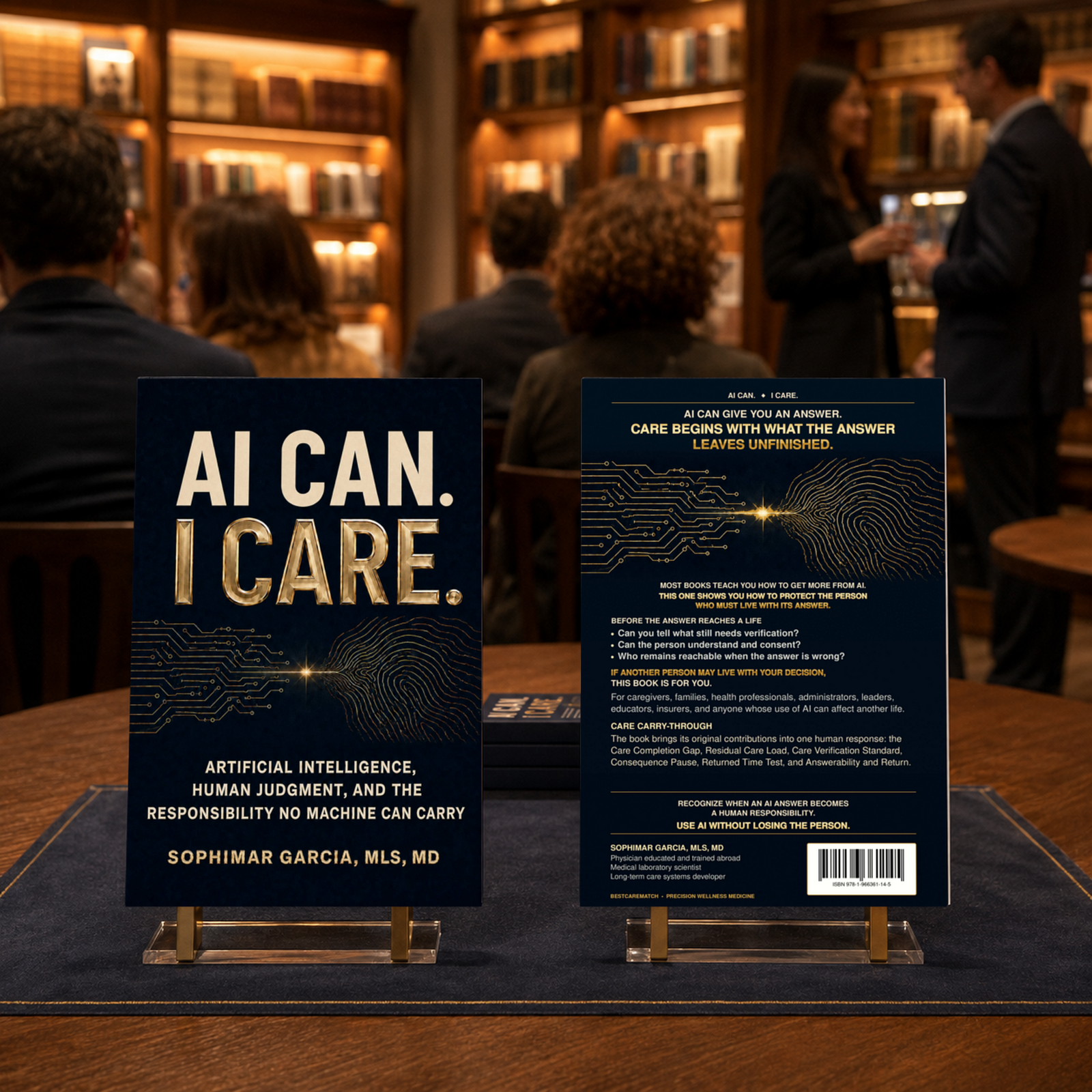 Front and back covers of AI CAN. I CARE. displayed on matching stands during a premium bookstore launch event.