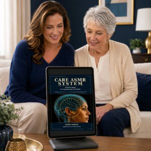 Two adult women smiling as they explore the CARE ASMR System displayed on a portrait tablet in a refined home setting.