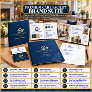 Premium Care Facility Brand Suite mockup with navy-and-gold brand guides, an open catalog and stationery beside 12 included feature groups.