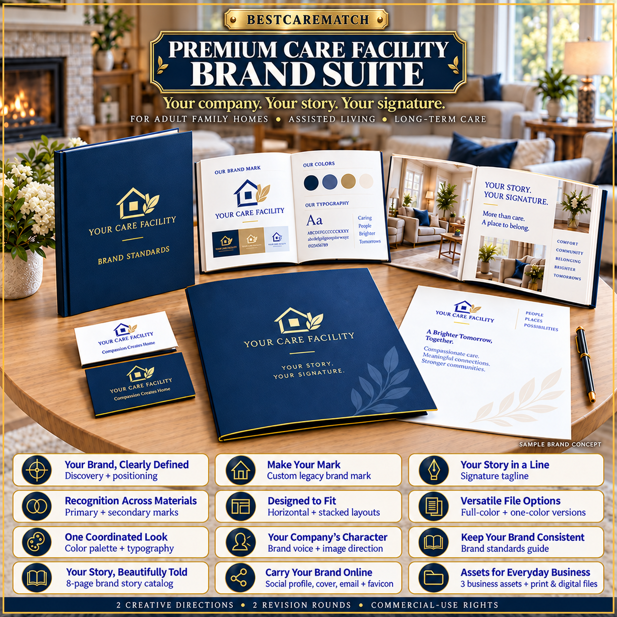 Premium Care Facility Brand Suite mockup with navy-and-gold brand guides, an open catalog and stationery beside 12 included feature groups.