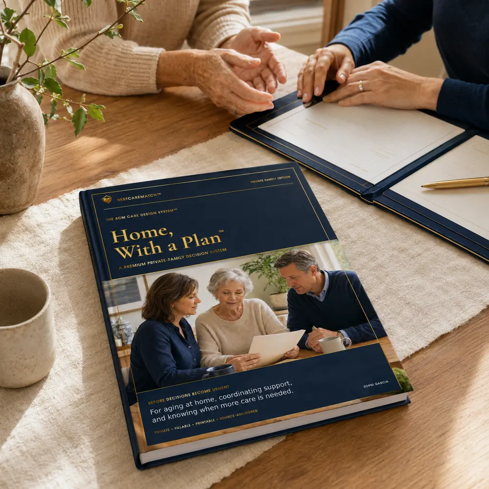 Home, With a Plan book cover displayed on a table beside a tablet and family planning papers.
