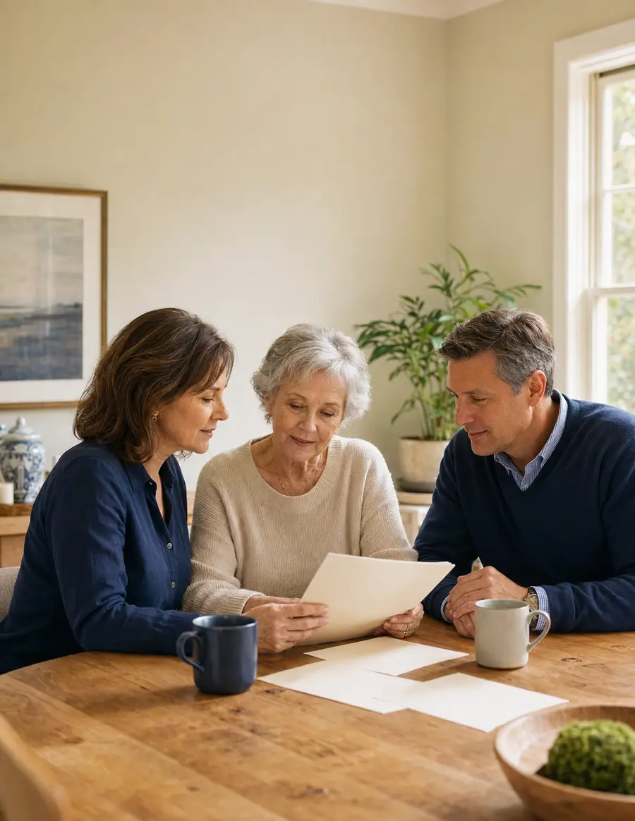 An older mother and her adult children reviewing papers together at a table at home.