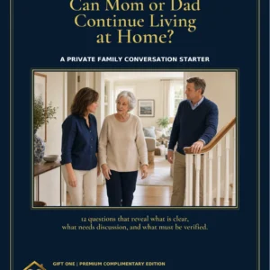 Navy-and-gold cover of Can Mom or Dad Continue Living at Home?, showing an older mother with her adult children.