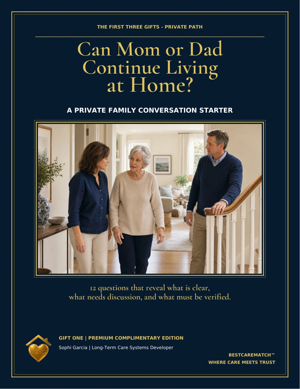 Navy-and-gold cover of Can Mom or Dad Continue Living at Home?, showing an older mother with her adult children.