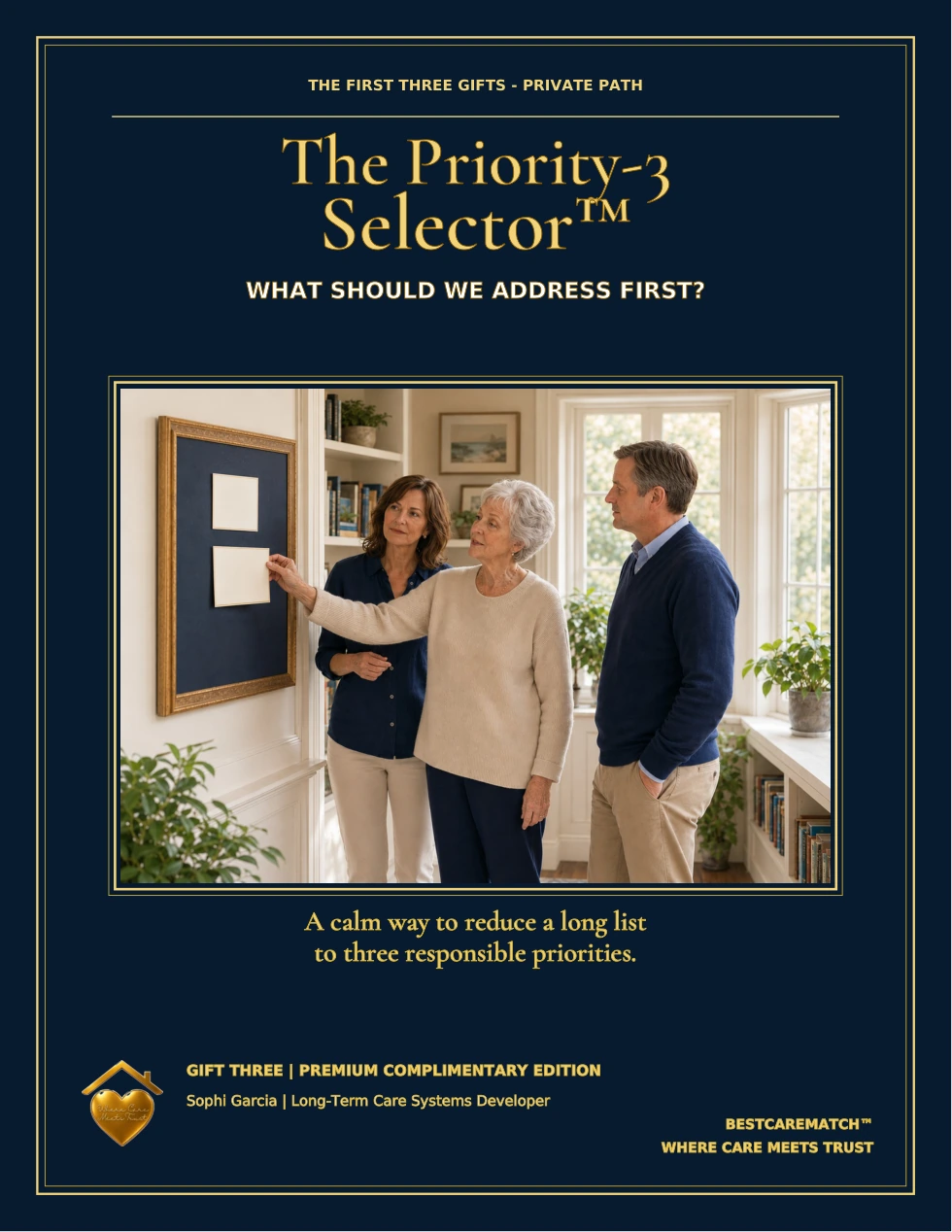 Navy-and-gold cover of The Priority-3 Selector, showing an older mother and her adult children beside a planning board.