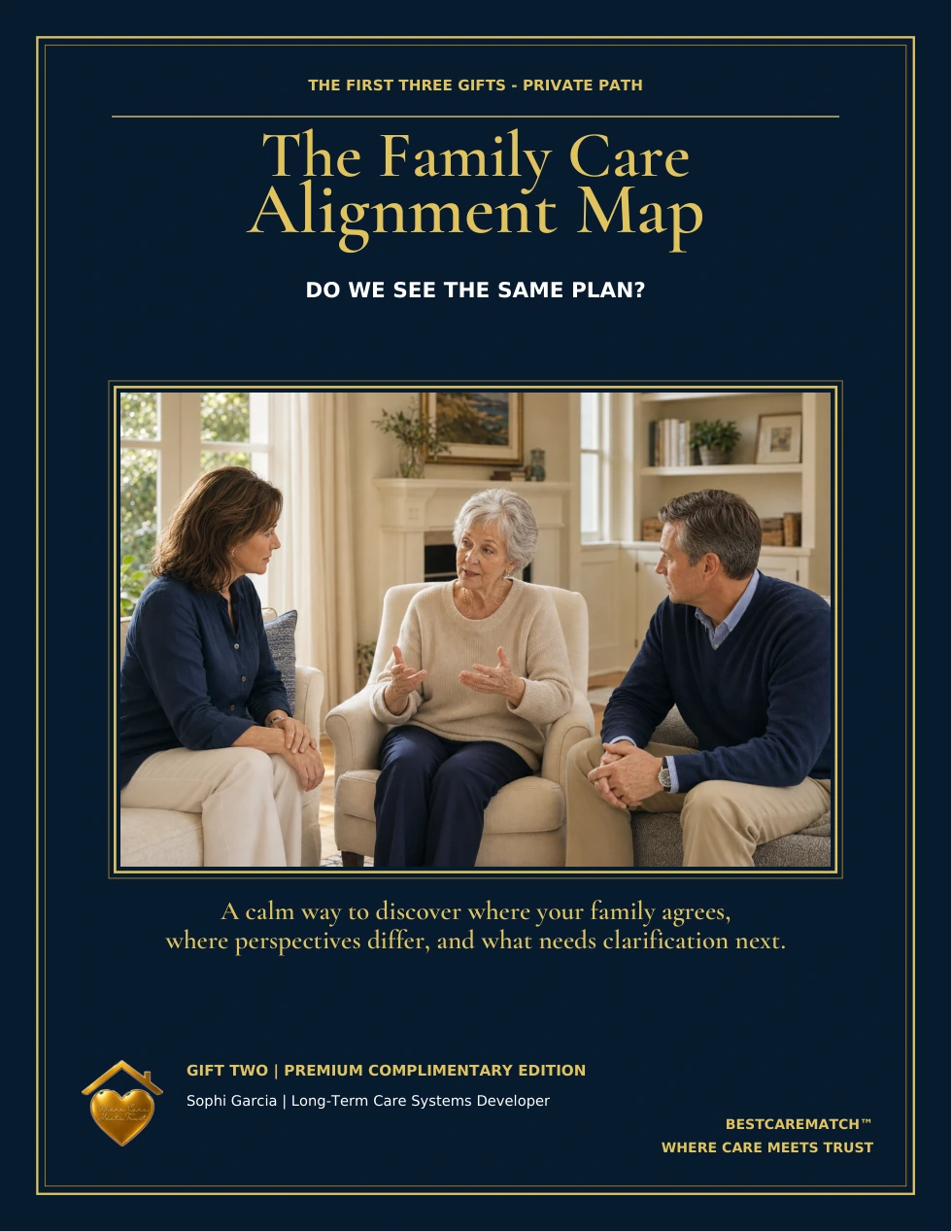Navy-and-gold cover of The Family Care Alignment Map, subtitled Do We See the Same Plan?, with a family talking together.
