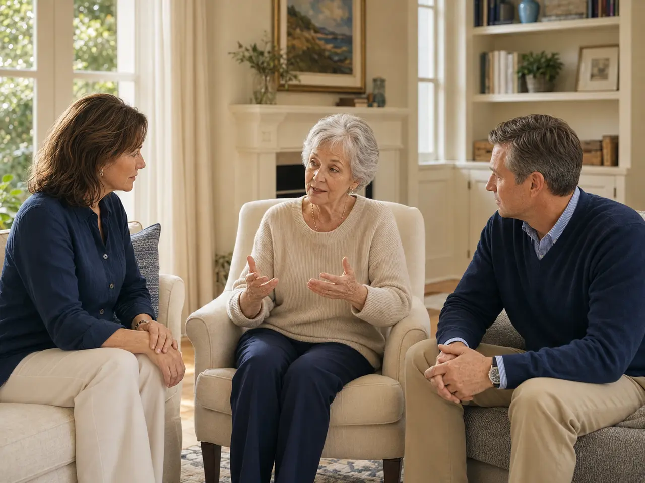 An older mother talking with her adult daughter and son while seated together in a living room.