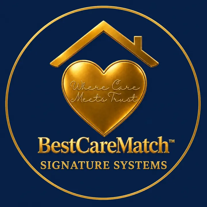 BestCareMatch Signature Systems gold heart-and-roof emblem within a circular gold border.