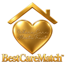 BestCareMatch gold heart and roof logo with the tagline “Where Care Meets Trust.