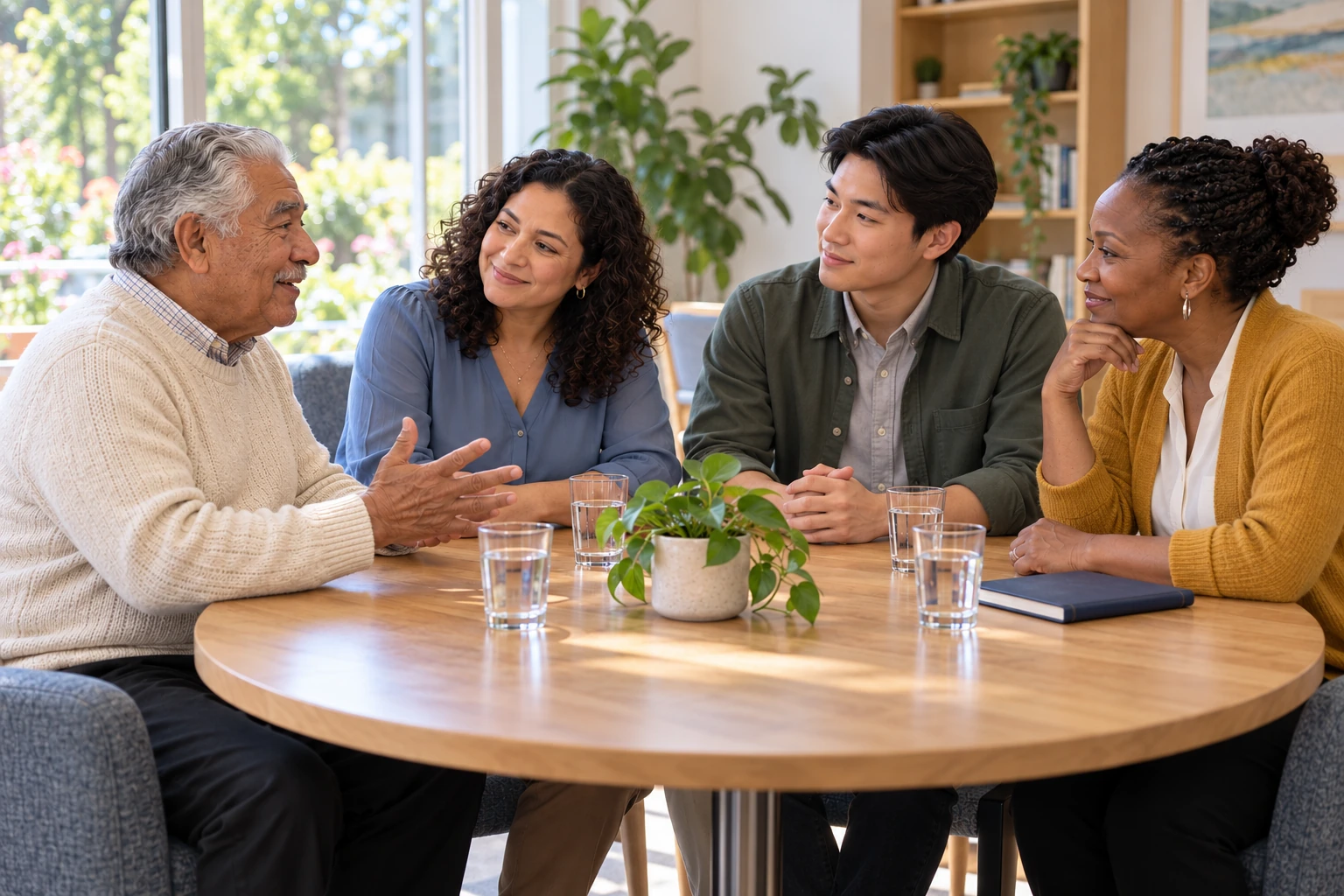 An older father and daughter talk with two advisors in everyday professional clothing.