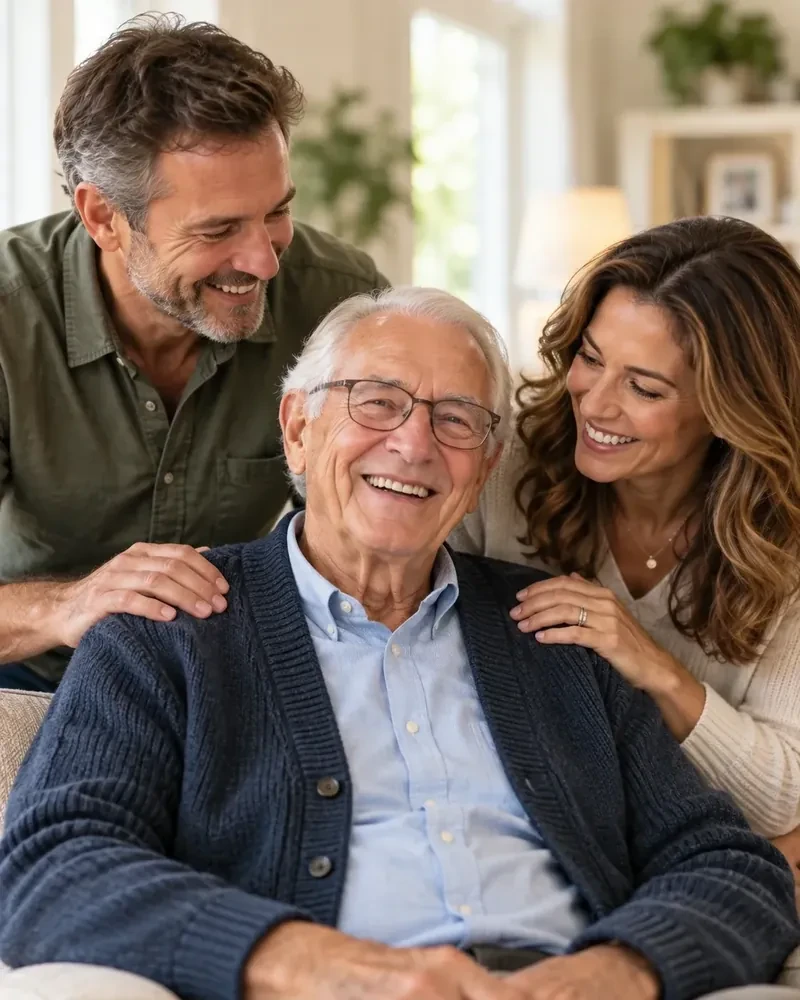 Older adult with two smiling companions