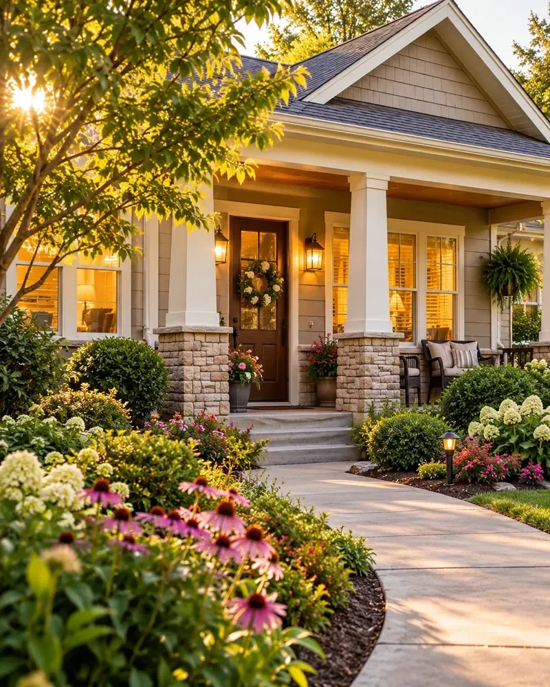 Illustrative residential care home with a front porch and garden
