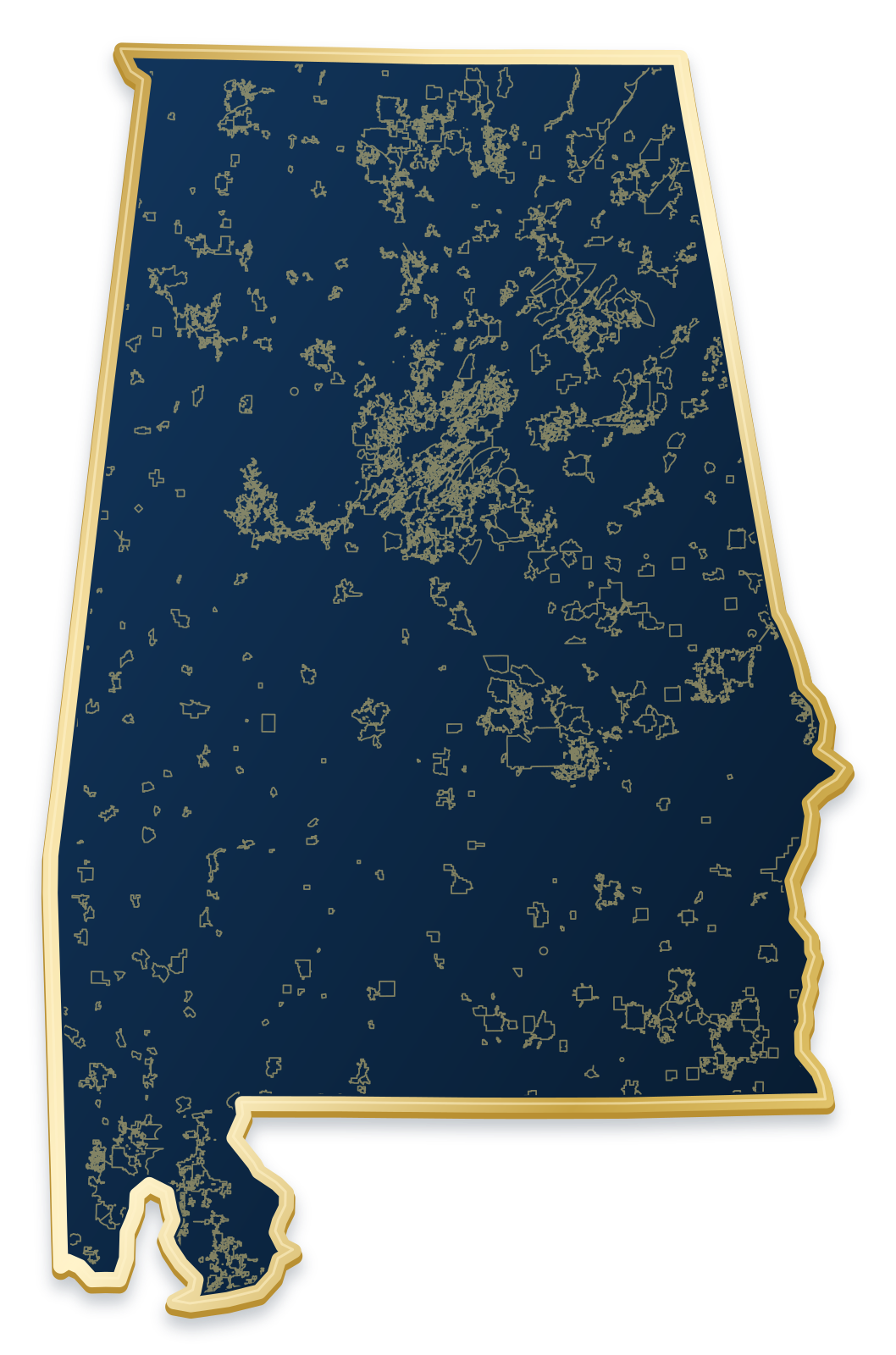 Alabama map with city and community outlines inside a raised metallic gold state border