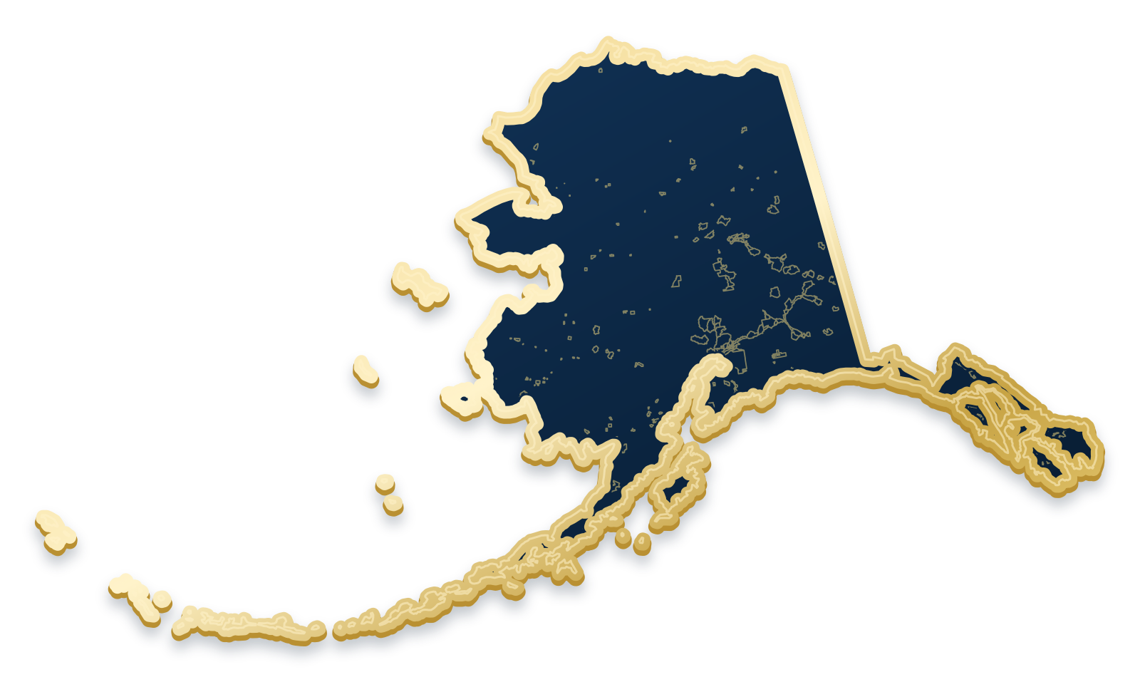Alaska map with city and community outlines inside a raised metallic gold state border