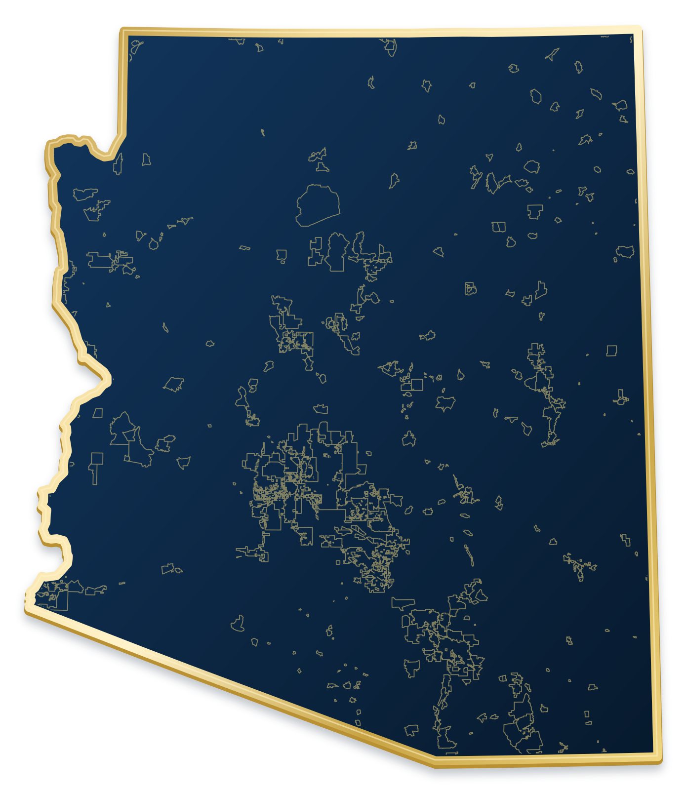 Arizona map with city and community outlines inside a raised metallic gold state border