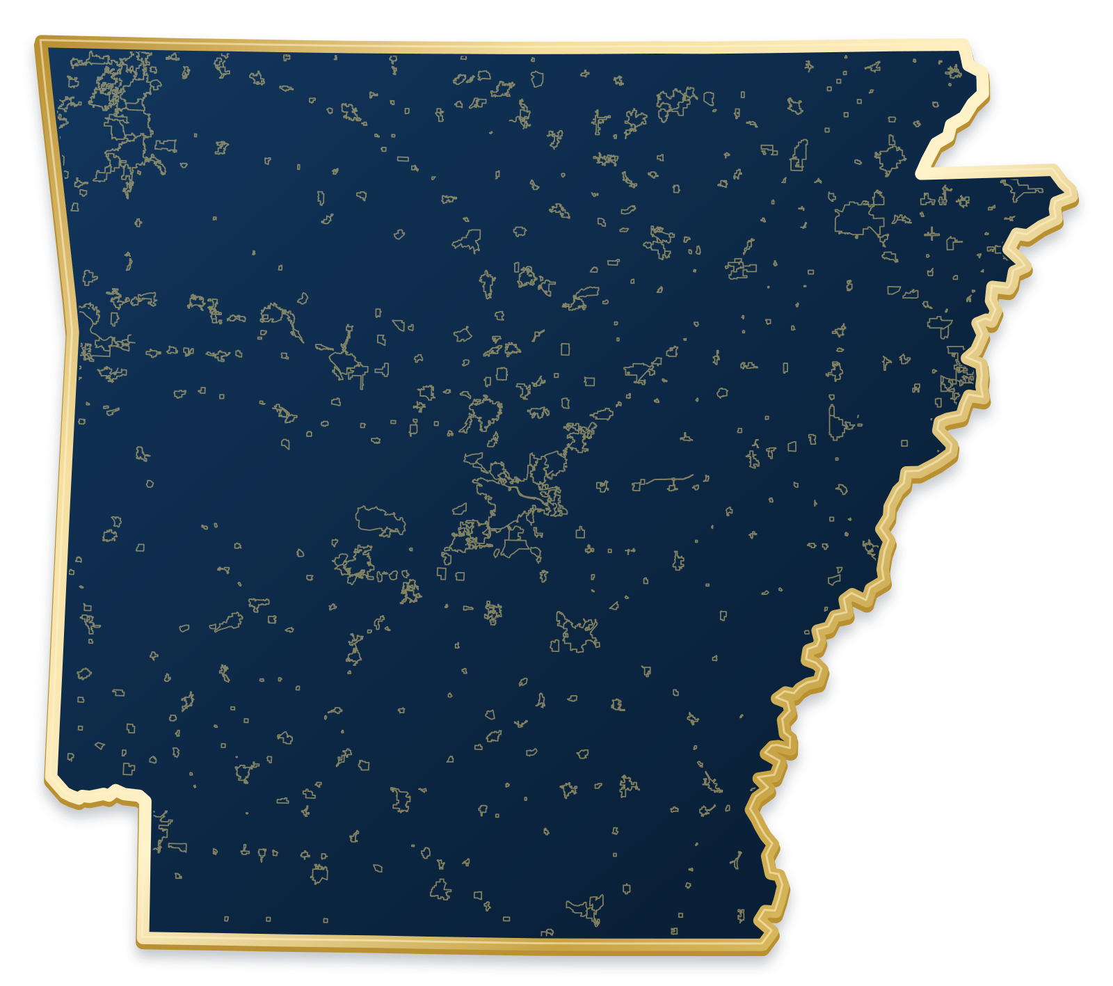 Arkansas map with city and community outlines inside a raised metallic gold state border