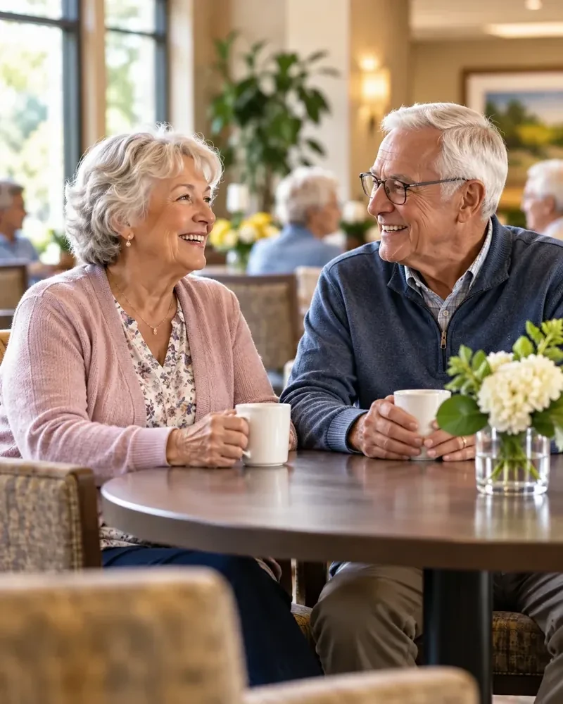 Two older adults sharing a conversation at a table