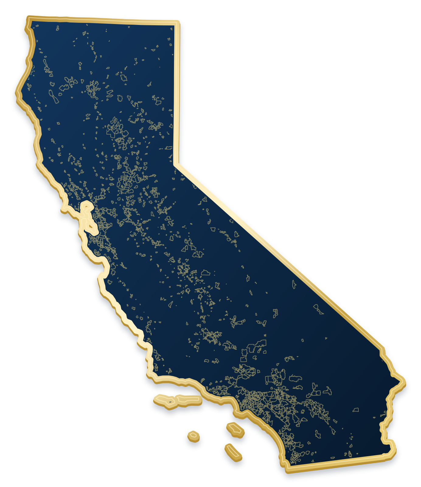 California map with city and community outlines inside a raised metallic gold state border