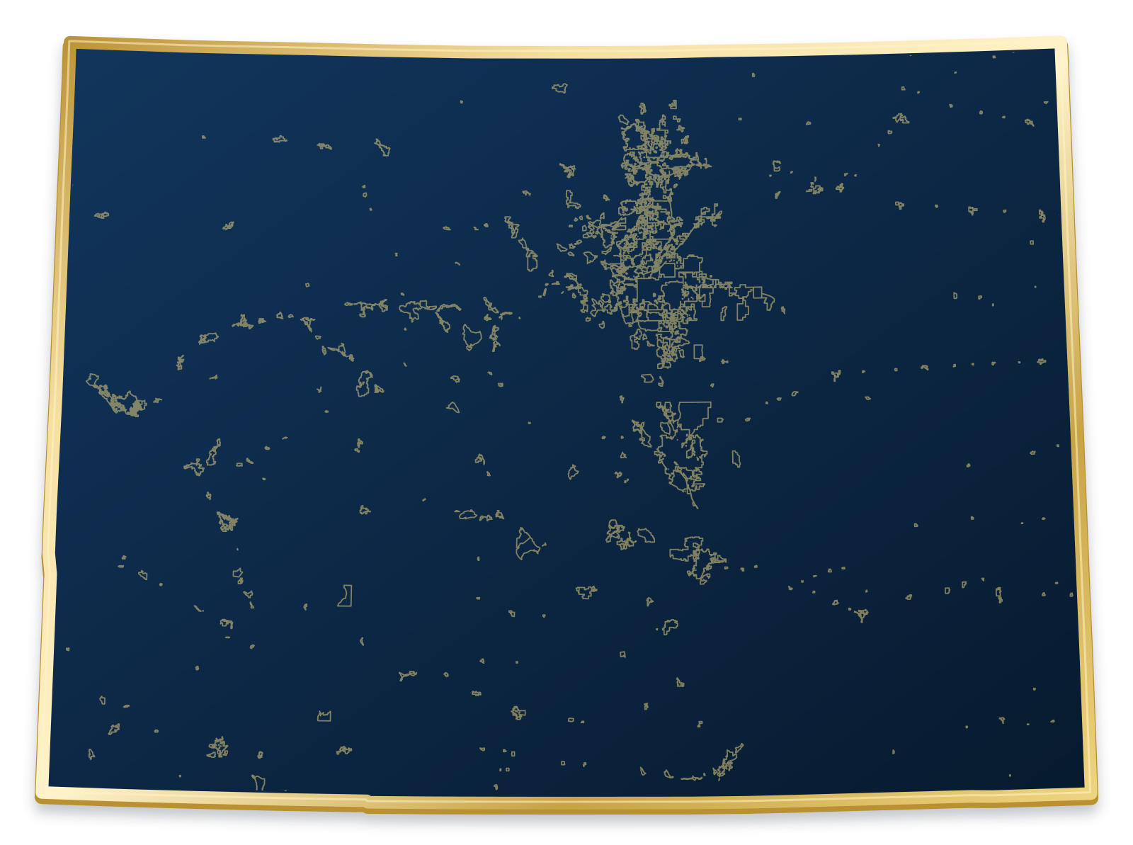 Colorado map with city and community outlines inside a raised metallic gold state border