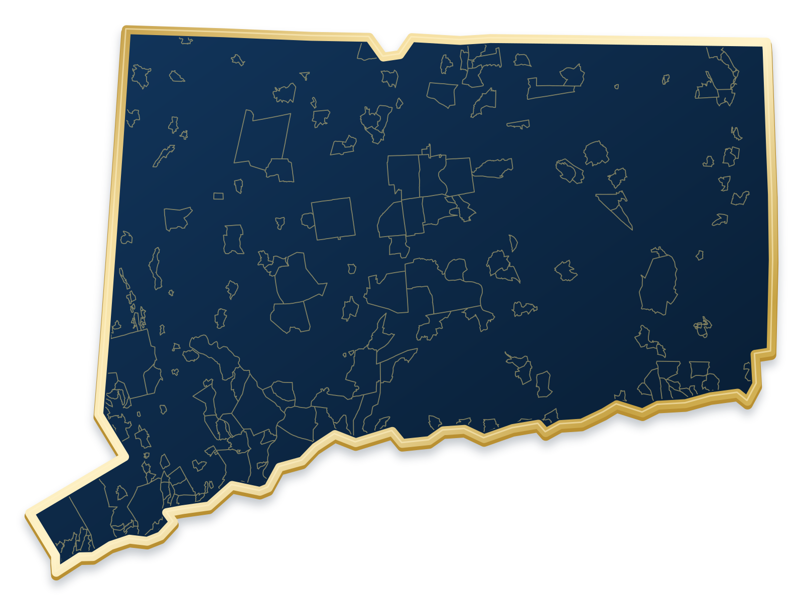 Connecticut map with city and community outlines inside a raised metallic gold state border